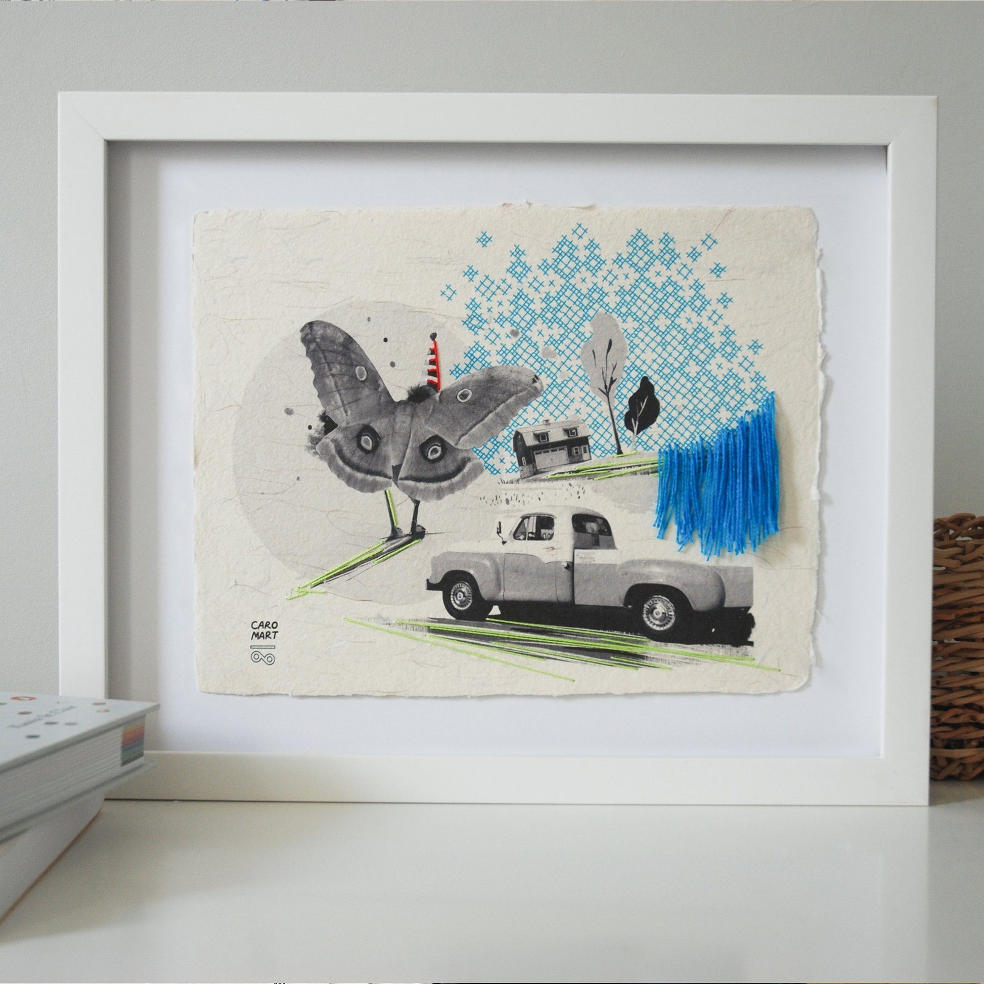 The Moth Illustration: Medium 8.5 x 11 embroidered digital print on handmade paper